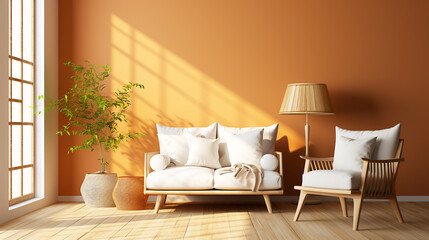 Fototapeta na wymiar Light brown living room with beautiful morning light