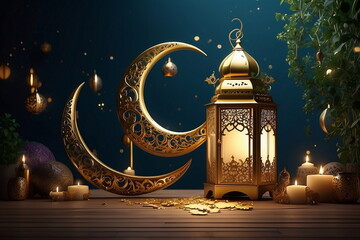 3d Crecent moon and lantern for Ramadan and Eid background design template with mosque for Muslim festival 