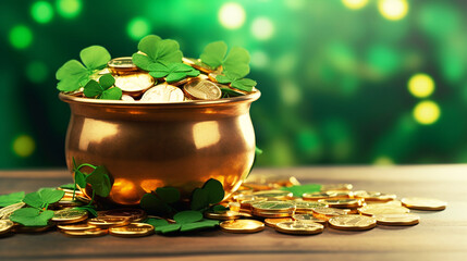 Gold coins on metal cauldron filled, St. Patrick's Day