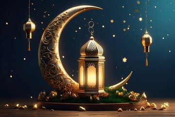 3d Crecent moon and lantern for Ramadan and Eid background design template with mosque for Muslim festival 