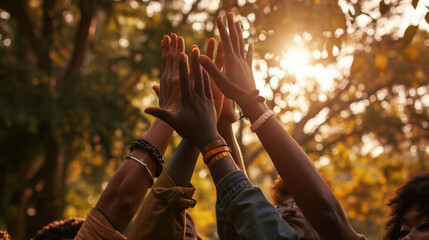 Several hands raised against a backdrop of a sunlit