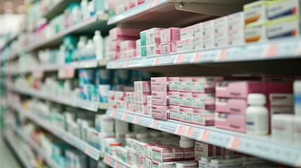 Shelf in a pharmacy stocked with various medication boxes, with a focus on the packaging in the foreground and a blurred background