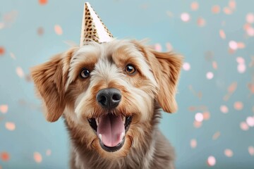 A festive canine adorned with a party hat, showcasing the playful nature and loyalty of man's best friend