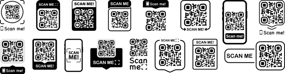 Scan qr code. Scan QR code flat icon with phone. Qr Code template for mobile app, payment and discounts. Barcode. Mobile payment and quick response codes. Scan me with smartphone. Vector illustration