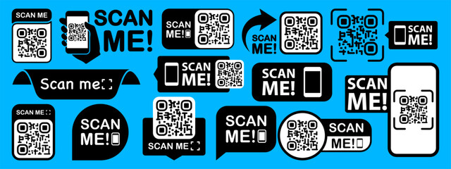 Scan qr code. Scan QR code flat icon with phone. Qr Code template for mobile app, payment and discounts. Barcode. Mobile payment and quick response codes. Scan me with smartphone. Vector illustration