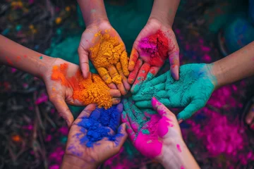 Foto auf Alu-Dibond Gulal colors for Holi festival in hands, top view. AI generative © tiena