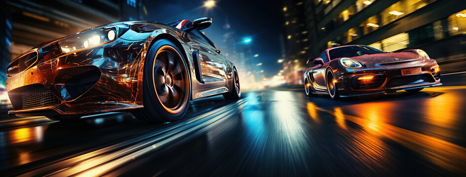 concepto de velocidad y coches,
Dinámica y moderna imagen de coche deportivo circulando por la ciudad.