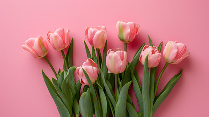 Fototapeta premium Pink tulips bouquet on pink background with copy space for text