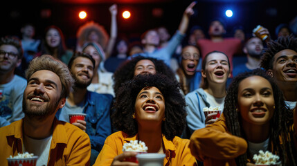 Excited audience in a cinema, with people smiling and looking up, some pointing, while holding popcorn and engaging in a shared entertaining experience.