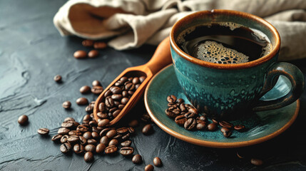 Close-up of a dark teal ceramic coffee cup full of black coffee, placed on a matching saucer.