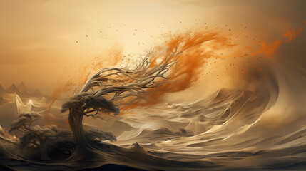 beautiful abstract wind storm wallpaper of a tree fighting against - obrazy, fototapety, plakaty