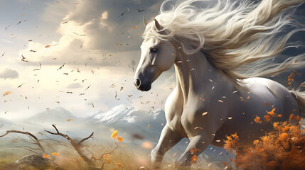 Obraz na płótnie Canvas beautiful white horse in a windy stormy field