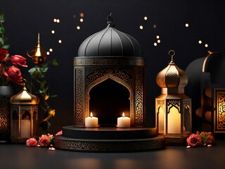 3d Crecent moon and lantern for Ramadan and Eid background design template with mosque for Muslim festival 