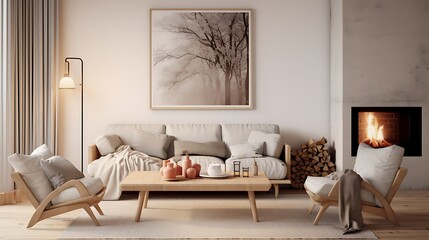 a Scandinavian-style poster frame in a cozy living room with hygge elements and add a 3D render