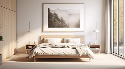 a Scandinavian-style poster frame in a minimalist bedroom with a neutral color palette and organic materials, and add a 3D render
