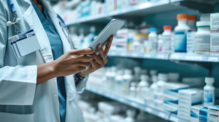 Female pharmacist or healthcare professional taking inventory or reviewing a clipboard in a pharmacy with shelves stocked with various medications.