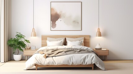 a Scandinavian-style poster frame in a minimalist bedroom with a neutral color palette and organic materials, and add a 3D render