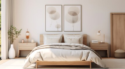 a Scandinavian-style poster frame in a minimalist bedroom with a neutral color palette and organic...