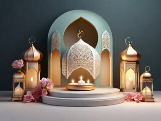 3d Crecent moon and lantern for Ramadan and Eid background design template with mosque for Muslim festival 