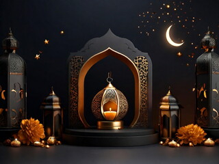 3d Crecent moon and lantern for Ramadan and Eid background design template with mosque for Muslim festival 