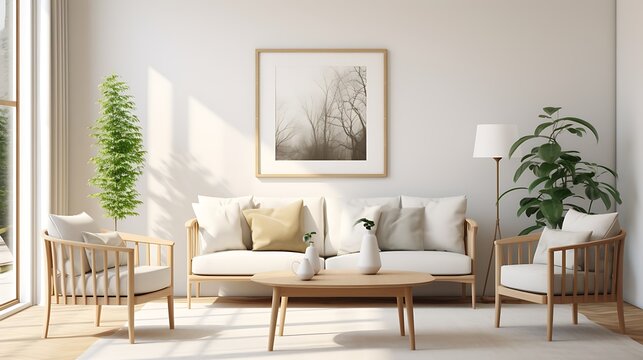 a Scandinavian-style poster frame in a bright and airy living room with light wood furniture, and add a 3D render