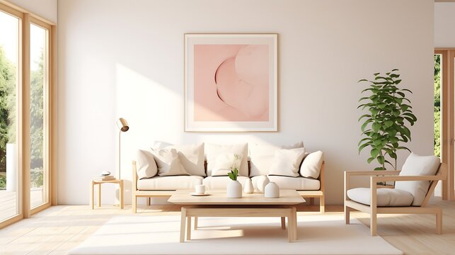 a Scandinavian-style poster frame in a bright and airy living room with light wood furniture, and add a 3D render