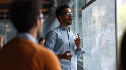 Man presenting or explaining something in front of a whiteboard with various colorful charts, diagrams, and notes, in a bright office setting - obrazy, fototapety, plakaty