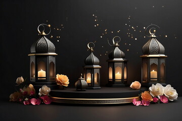 3d Crecent moon and lantern for Ramadan and Eid background design template with mosque for Muslim festival 