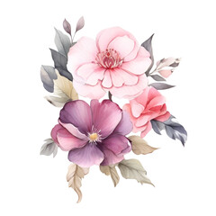 Watercolor flower and leaf bouquet clipart. Decoration for posters, greeting cards, birthdays, and wedding designs. Isolated on a transparent background. Generative AI.