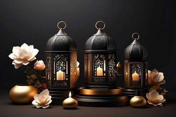 3d Crecent moon and lantern for Ramadan and Eid background design template with mosque for Muslim festival 