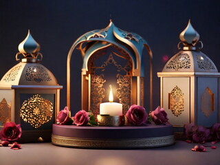 3d Crecent moon and lantern for Ramadan and Eid background design template with mosque for Muslim festival 