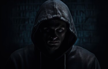 A person wearing a black hoodie on a black wall background. generative AI
