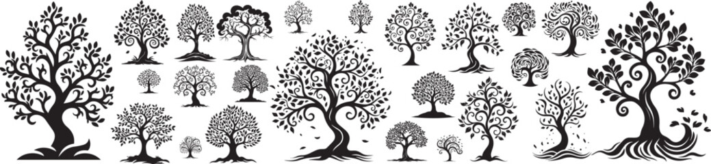 Trees and leaves, vector graphics black and white decoration for laser cutting and engraving