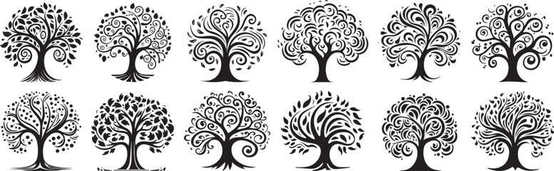 Trees and leaves, vector graphics black and white decoration for laser cutting and engraving