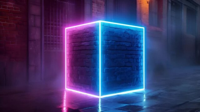 Futuristic, purple cube frame, geometric portal on a dark background. Neon square with magic glow 3D, mockup for design
