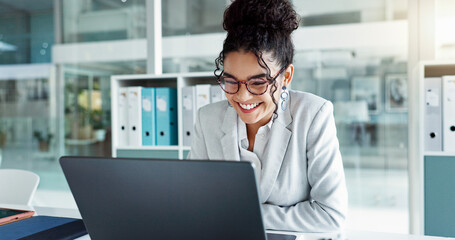 Reading glasses, laptop and professional woman, advocate or government attorney check feedback....