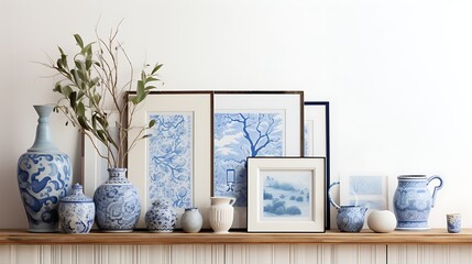mockup poster frame with a blue and white color combination, set in a coastal-themed interior with beachy elements