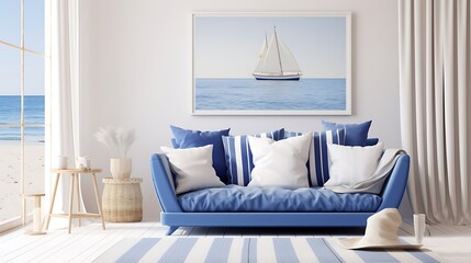 mockup poster frame with a blue and white color combination, set in a coastal-themed interior with beachy elements