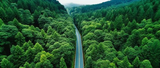 Aerial view of green forest with  road