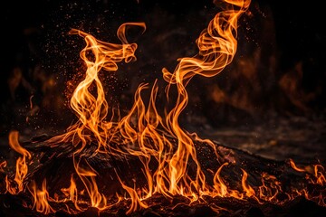 Wavy flames dancing in a bonfire's glow