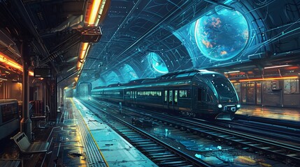 Futuristic Multiverse Train Station with Trains Departing to Various Universes, Illuminated Tracks and a Glimpse of Outer Space