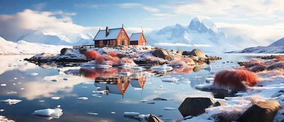 Fototapeten House on the lake with icebergs and sunrise © Inlovehem
