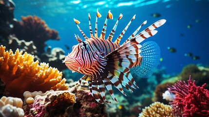 Naklejka na ściany i meble Fish on coral reef with deep ocean