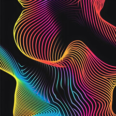 A vibrant rainbow-colored psychedelic wave with orange, blue, teal, and white gradient flowing on a black background. This retro design captures the energetic and colorful vibes of the 70s, 80s, and 9