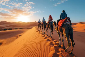 As the fiery sun set over the vast sahara desert, a group of people rode their camels through the windswept dunes, their voices echoing against the aeolian landforms and singing sands - obrazy, fototapety, plakaty