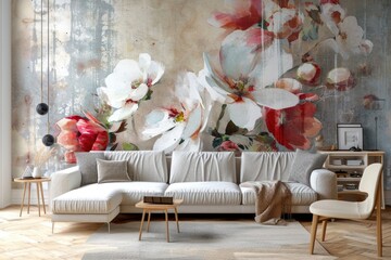 Floral Wall Mural in Stylish Modern Living Room Interior