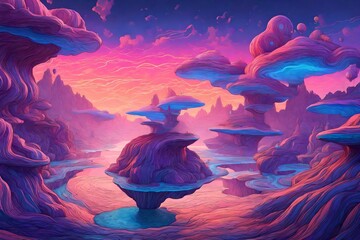 A surreal dreamscape with floating, wavy islands in a neon sky