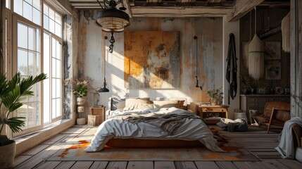 Retro Farmhouse Bedroom Interior: Vintage Bohemian Decor with Wooden Floor and Coastal Vibes