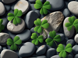 Multiple four leaf clovers backdrop of weathered stones.
