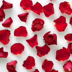 Close-up of a vibrant collection of red rose petals artistically arranged on a white background, exuding elegance and inspiration.